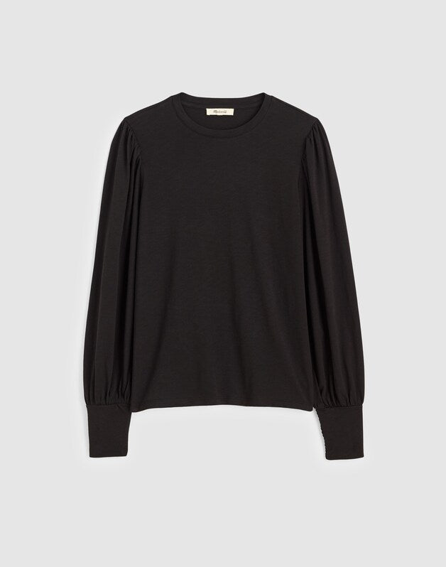 Smocked Long-Sleeve Top in Soft Slub JET BLACK