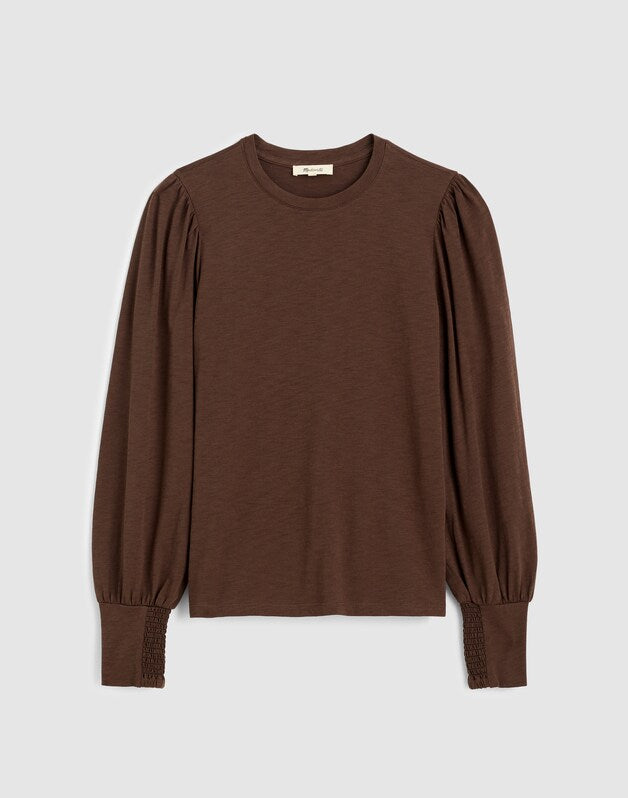 Smocked Long-Sleeve Top in Soft Slub ROASTED CHICORY