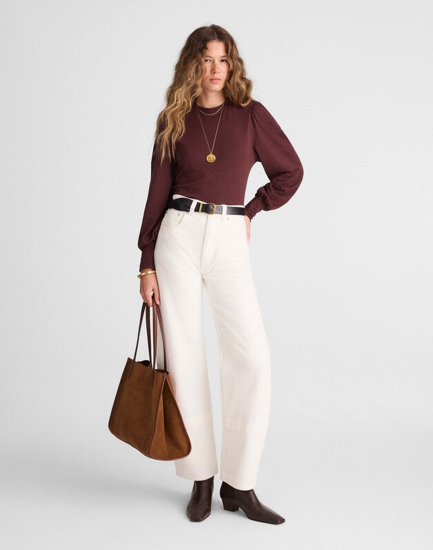 Smocked Long-Sleeve Top in Soft Slub CHOCOLATE RAISIN