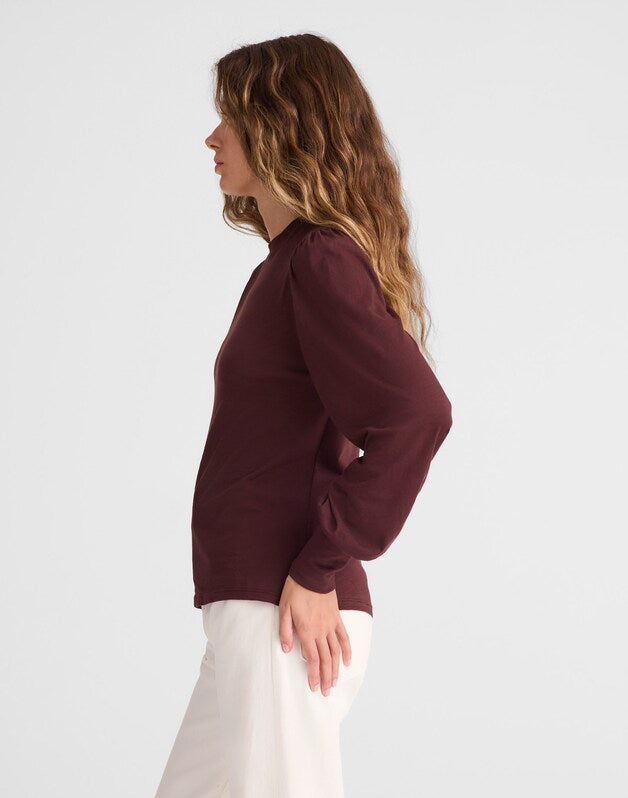 Smocked Long-Sleeve Top in Soft Slub CHOCOLATE RAISIN