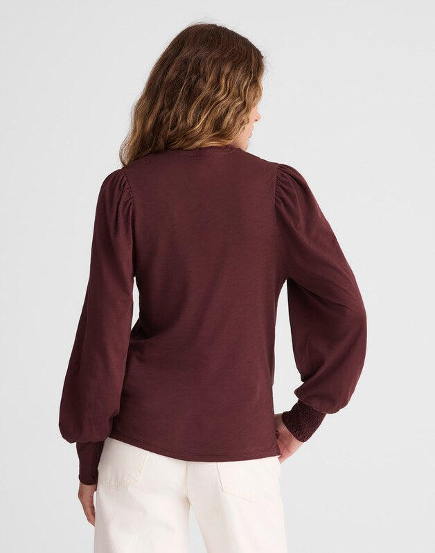 Smocked Long-Sleeve Top in Soft Slub CHOCOLATE RAISIN