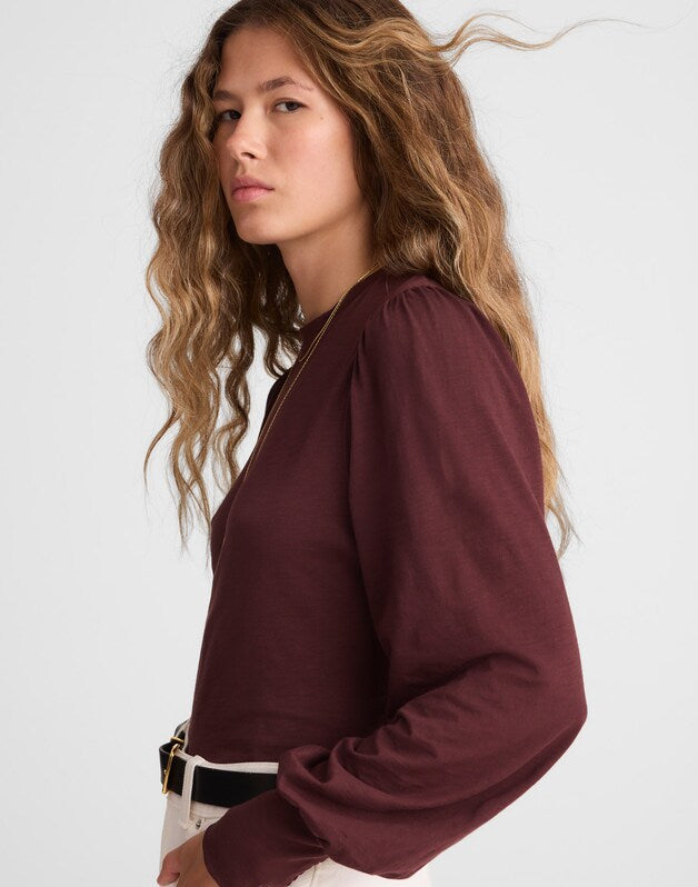 Smocked Long-Sleeve Top in Soft Slub CHOCOLATE RAISIN