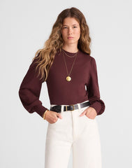 Smocked Long-Sleeve Top in Soft Slub CHOCOLATE RAISIN