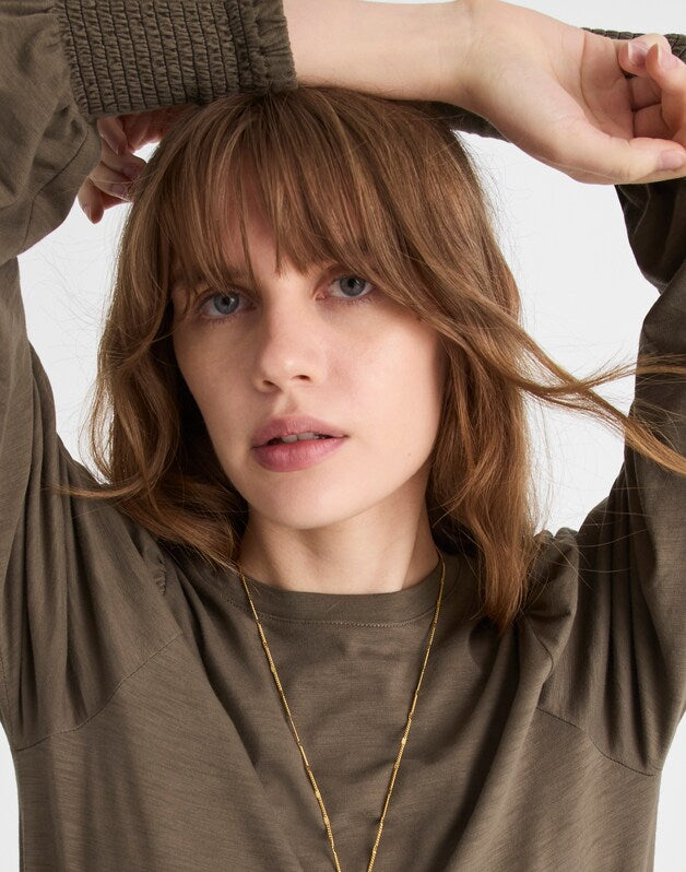 Smocked Long-Sleeve Top in Soft Slub FADED OLIVE