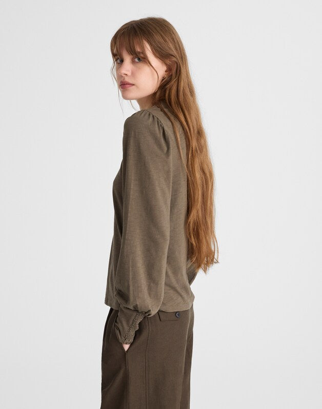 Smocked Long-Sleeve Top in Soft Slub FADED OLIVE