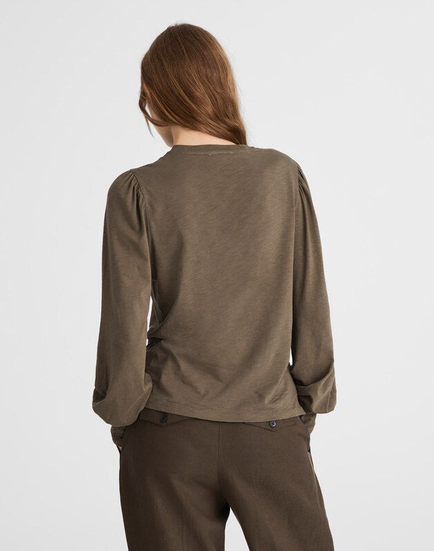Smocked Long-Sleeve Top in Soft Slub FADED OLIVE