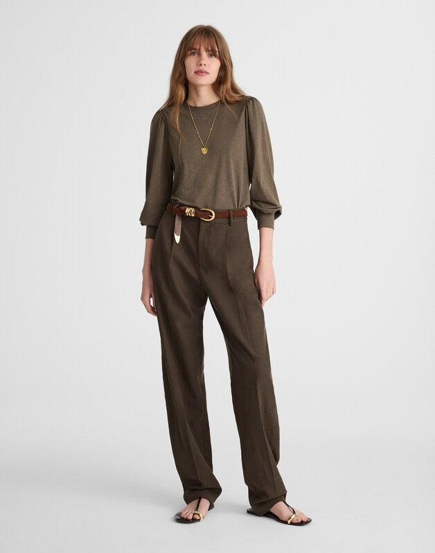 Smocked Long-Sleeve Top in Soft Slub FADED OLIVE