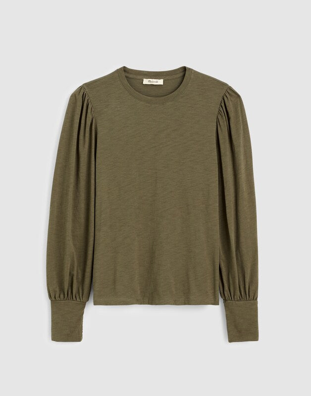 Smocked Long-Sleeve Top in Soft Slub FADED OLIVE