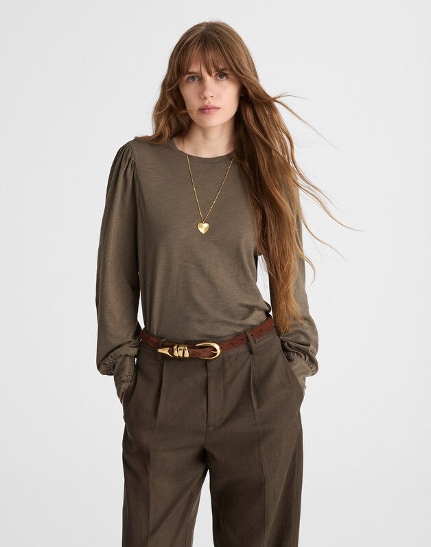 Smocked Long-Sleeve Top in Soft Slub FADED OLIVE