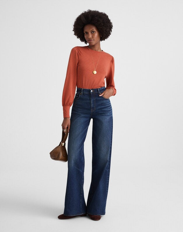 Smocked Long-Sleeve Top in Soft Slub FADED BRICK