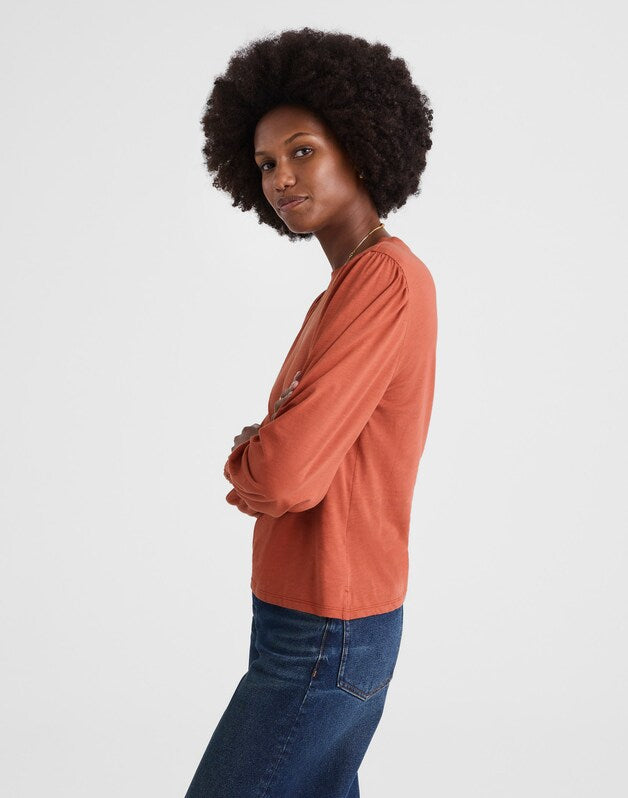Smocked Long-Sleeve Top in Soft Slub FADED BRICK