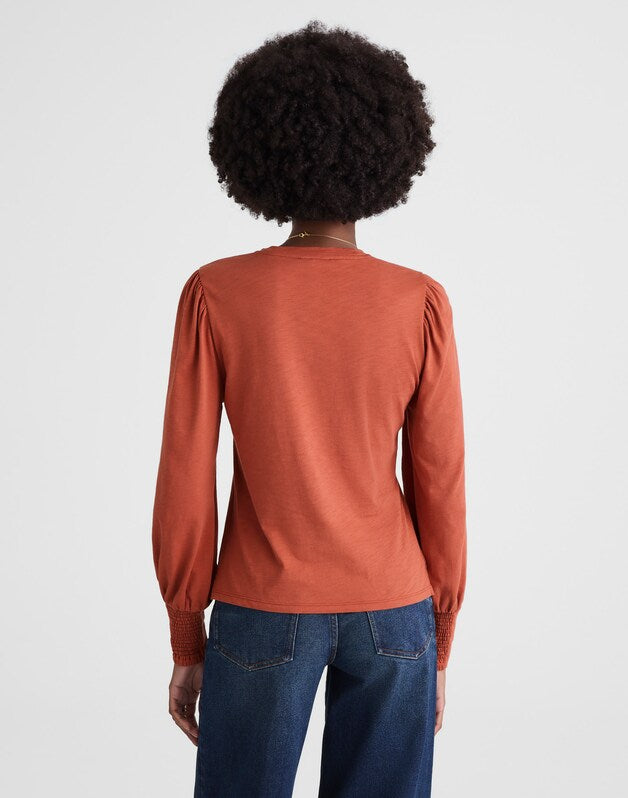 Smocked Long-Sleeve Top in Soft Slub FADED BRICK