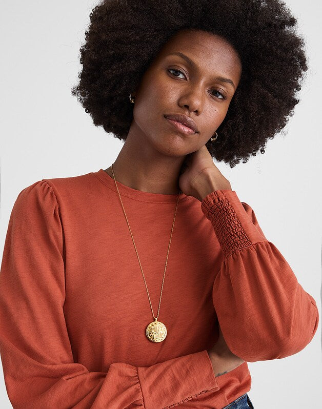 Smocked Long-Sleeve Top in Soft Slub FADED BRICK