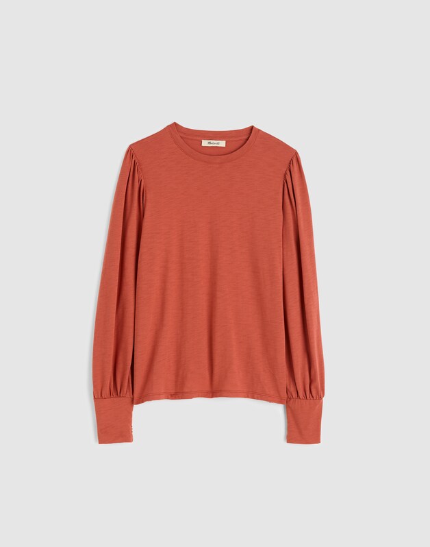 Smocked Long-Sleeve Top in Soft Slub FADED BRICK
