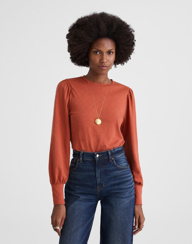 Smocked Long-Sleeve Top in Soft Slub FADED BRICK