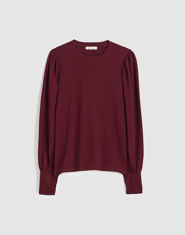 Smocked Long-Sleeve Top in Soft Slub DARK POMEGRANATE