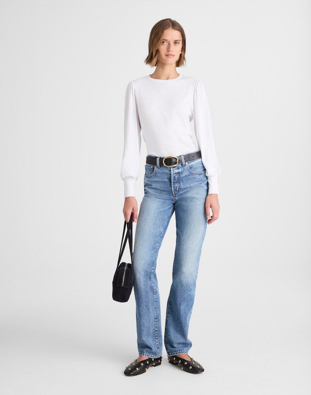 Smocked Long-Sleeve Top in Soft Slub WHITE