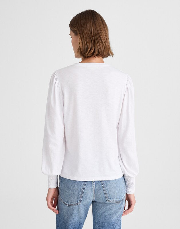 Smocked Long-Sleeve Top in Soft Slub WHITE