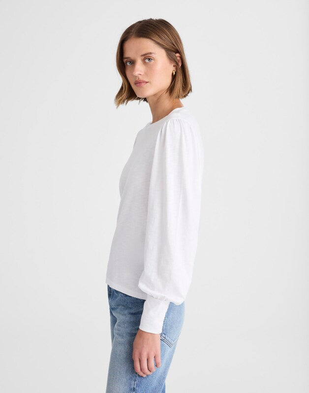 Smocked Long-Sleeve Top in Soft Slub WHITE