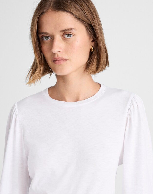 Smocked Long-Sleeve Top in Soft Slub WHITE