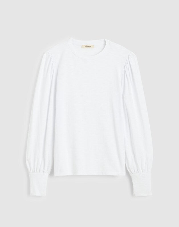 Smocked Long-Sleeve Top in Soft Slub WHITE