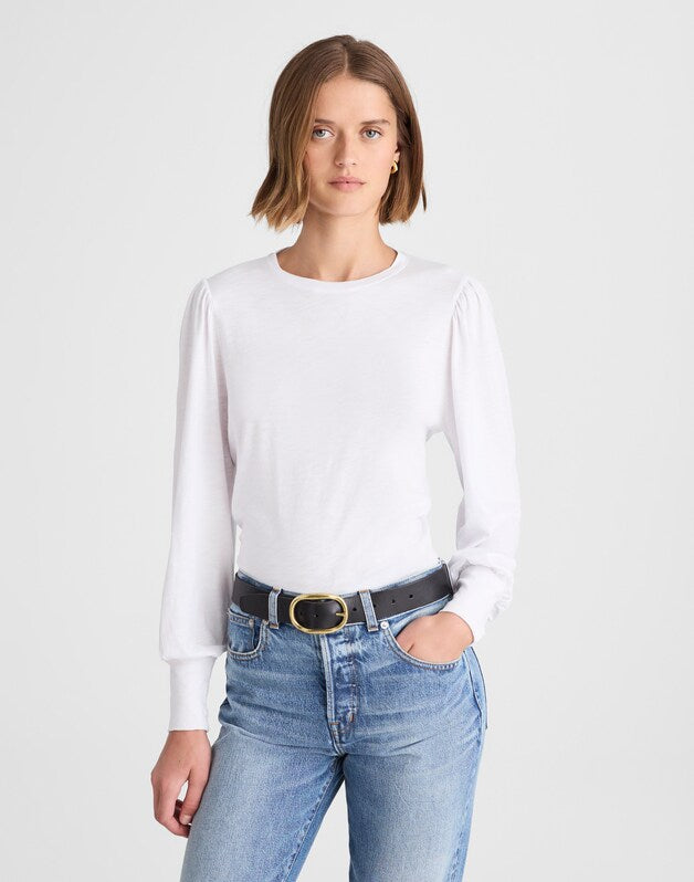 Smocked Long-Sleeve Top in Soft Slub WHITE