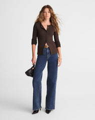 Textural Cutaway Crewneck Cardigan MOLASSES