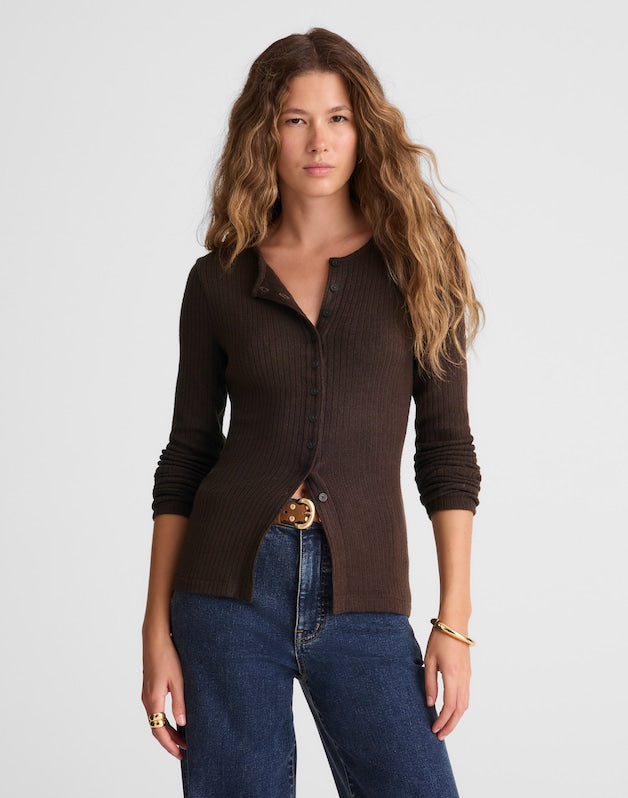 Textural Cutaway Crewneck Cardigan MOLASSES
