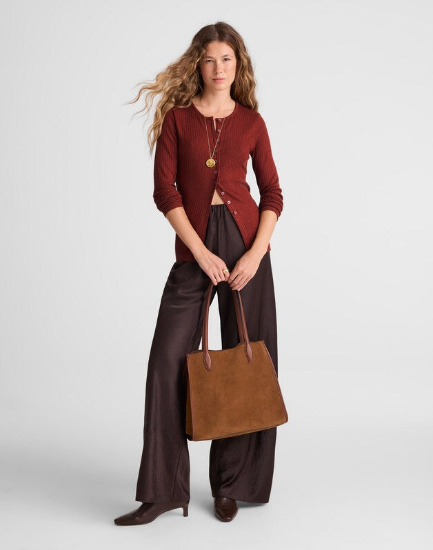 Textural Cutaway Crewneck Cardigan DEEP REDWOOD