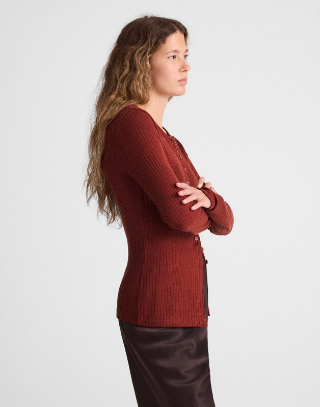 Textural Cutaway Crewneck Cardigan DEEP REDWOOD