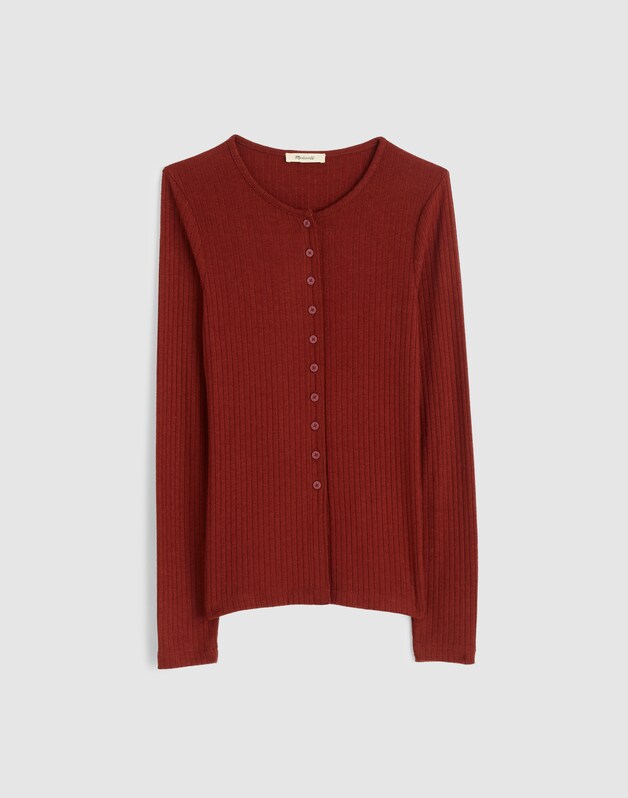 Textural Cutaway Crewneck Cardigan DEEP REDWOOD