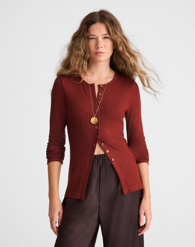 Textural Cutaway Crewneck Cardigan DEEP REDWOOD