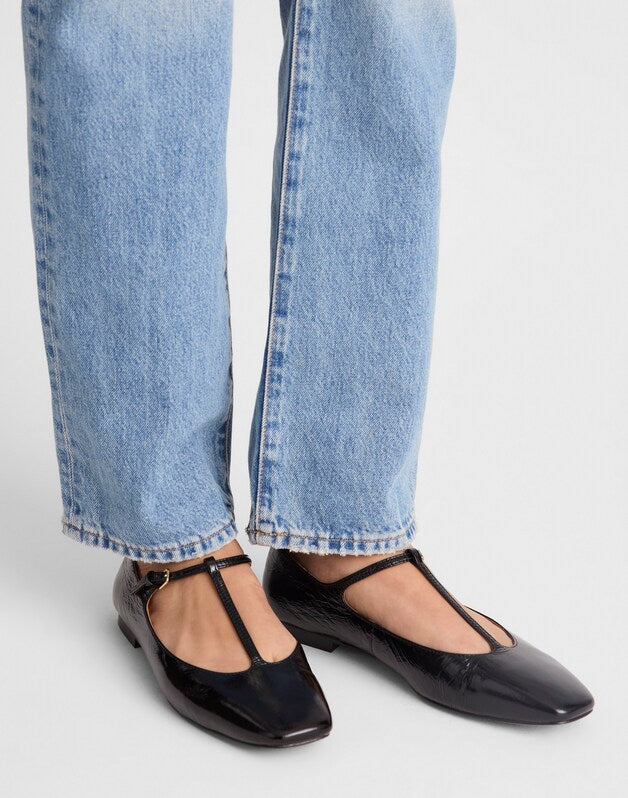 The Mylie T-Strap Flat in Leather TRUE BLACK