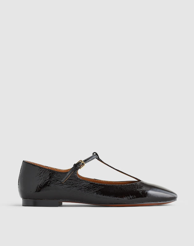 The Mylie T-Strap Flat in Leather TRUE BLACK