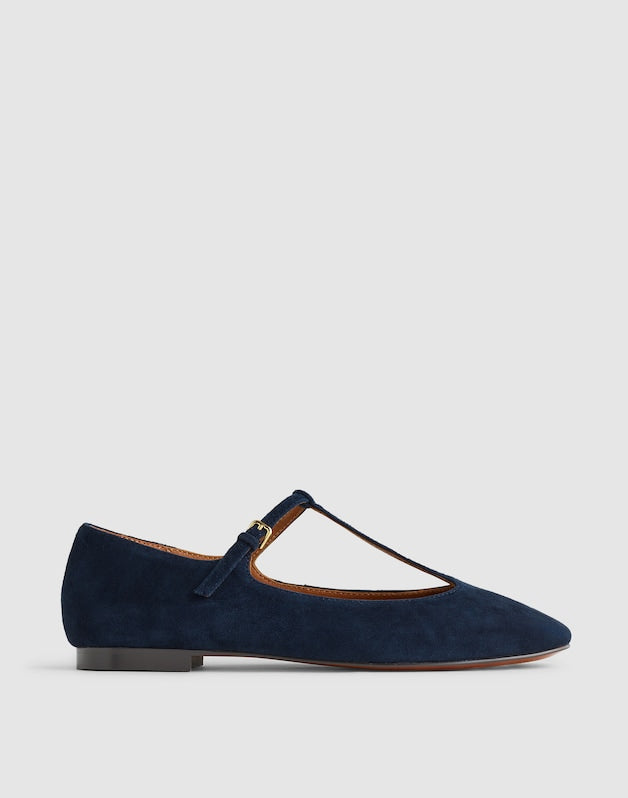 The Mylie T-Strap Flat in Suede DEEP INDIGO