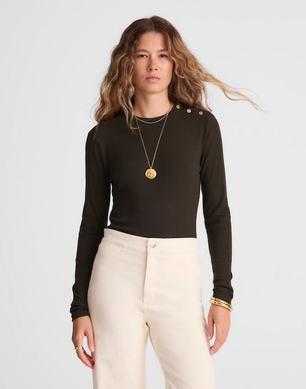 Ribbed Button Crewneck Tee BLACK WALNUT