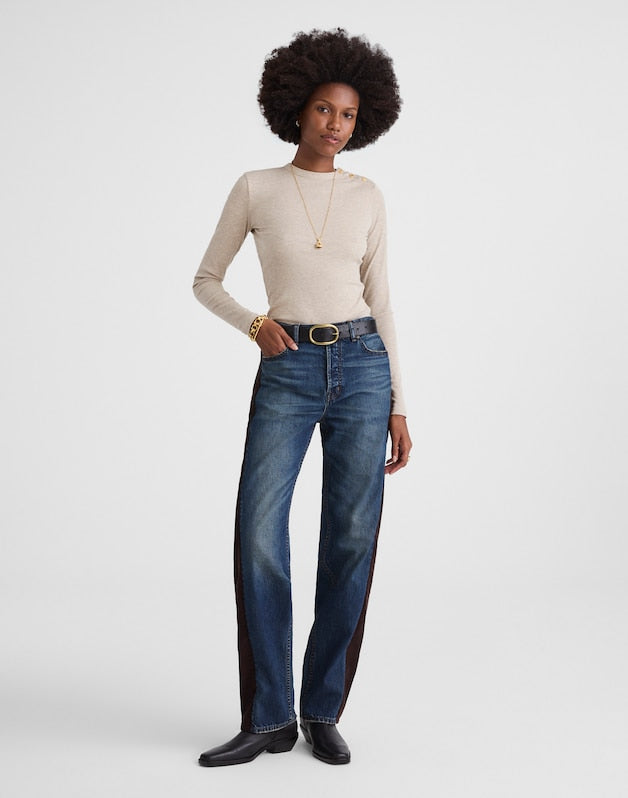 Ribbed Button Crewneck Tee HTHR COASTAL DUNE