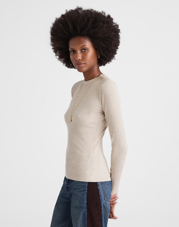 Ribbed Button Crewneck Tee HTHR COASTAL DUNE