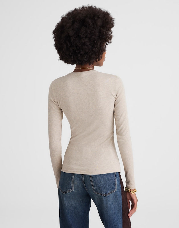 Ribbed Button Crewneck Tee HTHR COASTAL DUNE