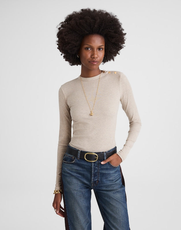 Ribbed Button Crewneck Tee HTHR COASTAL DUNE