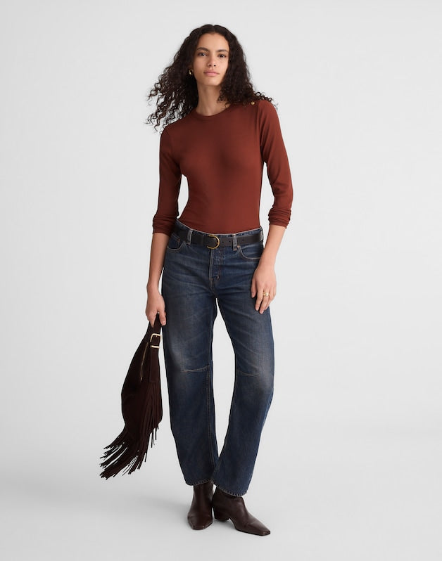 Ribbed Button Crewneck Tee DEEP REDWOOD