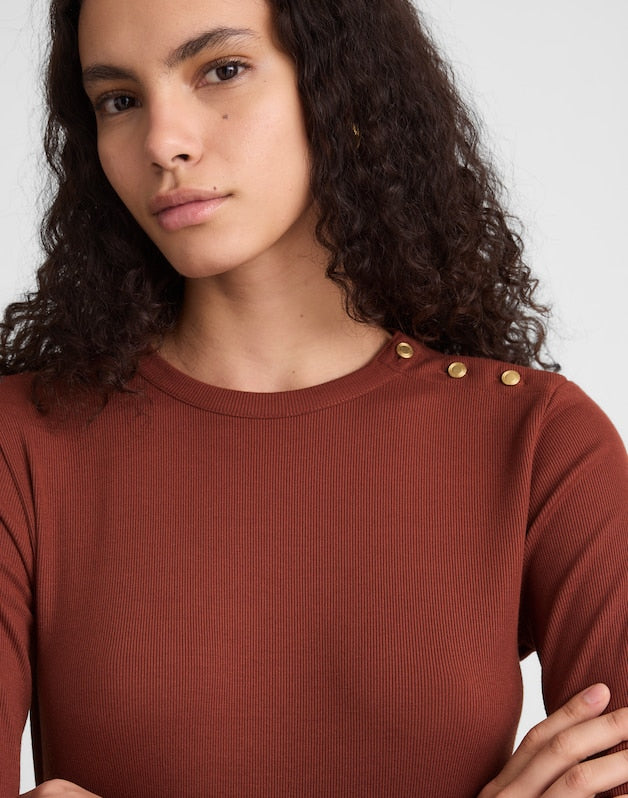 Ribbed Button Crewneck Tee DEEP REDWOOD