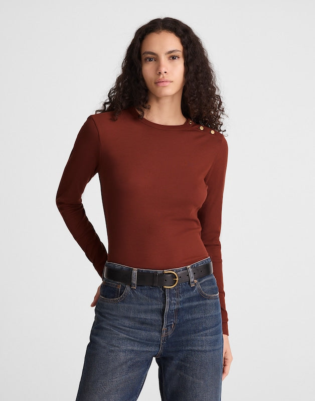 Ribbed Button Crewneck Tee DEEP REDWOOD