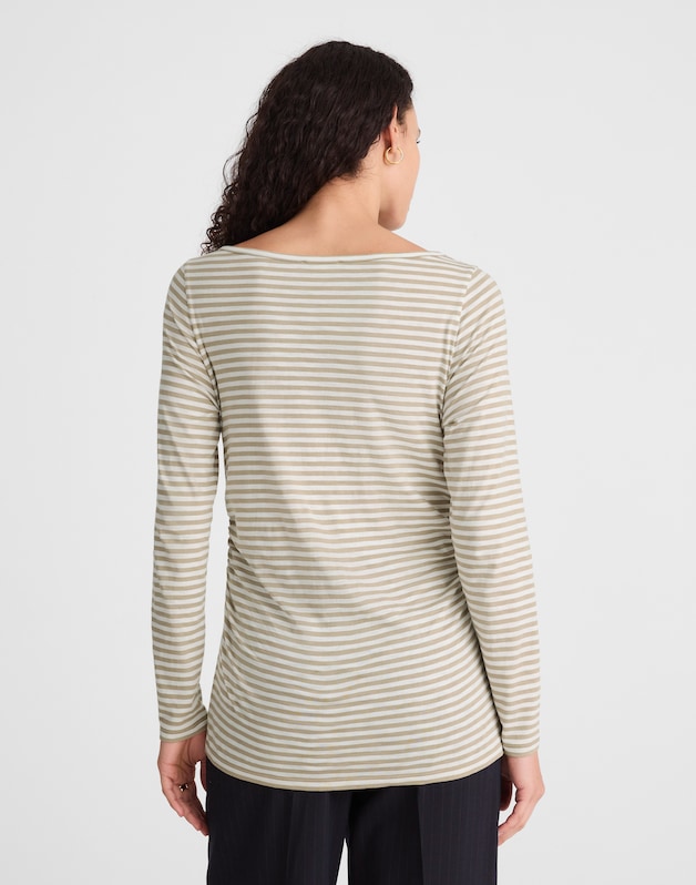 Striped Ruched Crewneck Long-Sleeve Tee in Soft Slub COASTAL DUNE