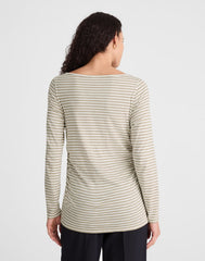 Striped Ruched Crewneck Long-Sleeve Tee in Soft Slub COASTAL DUNE