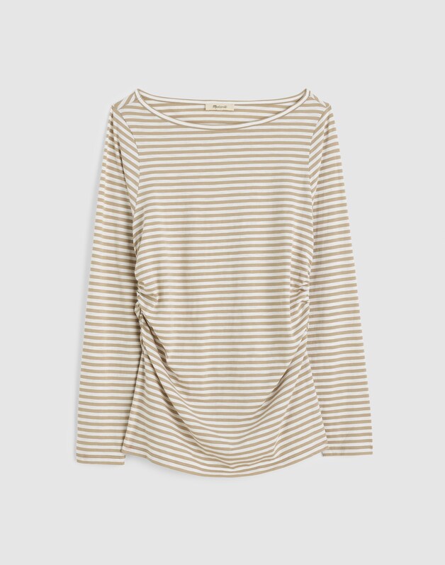 Striped Ruched Crewneck Long-Sleeve Tee in Soft Slub COASTAL DUNE