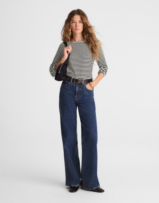 Striped Ruched Crewneck Long-Sleeve Tee in Soft Slub JET BLACK