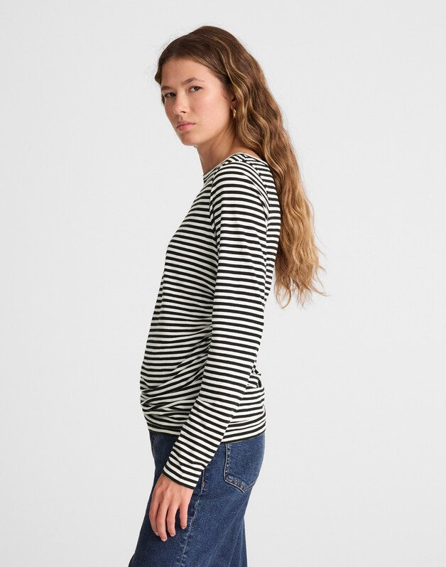 Striped Ruched Crewneck Long-Sleeve Tee in Soft Slub JET BLACK