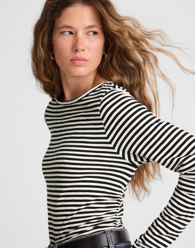 Striped Ruched Crewneck Long-Sleeve Tee in Soft Slub JET BLACK