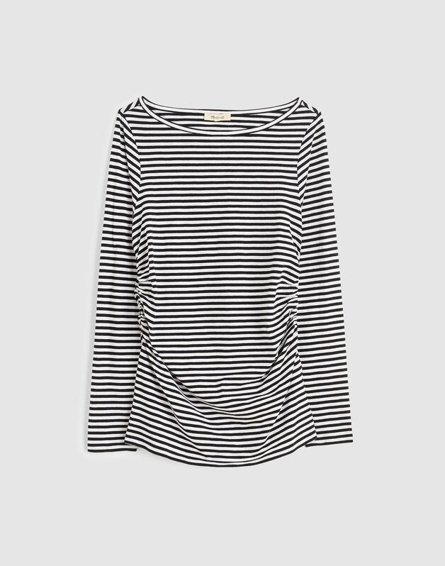 Striped Ruched Crewneck Long-Sleeve Tee in Soft Slub JET BLACK